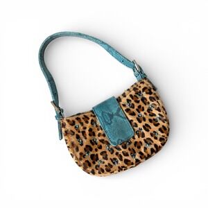 Y2K Vintage Clever Carriage Co Leopard Calf Hair Turquoise Beaded Mini Bag Purse
